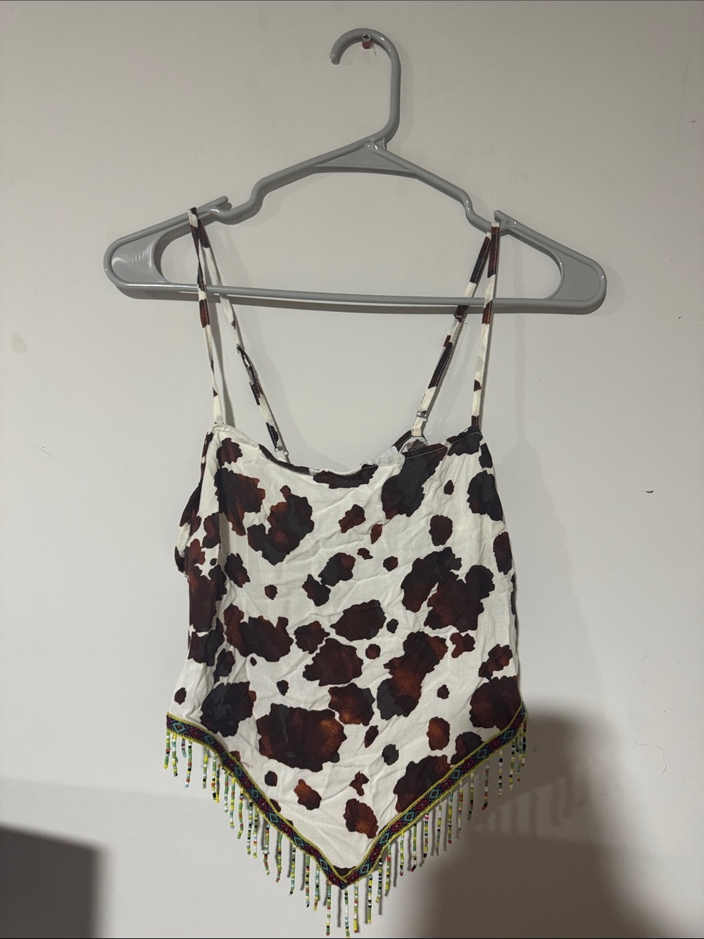 Cow-Print Beaded Handkerchief Hem Tank Top - Brown/White